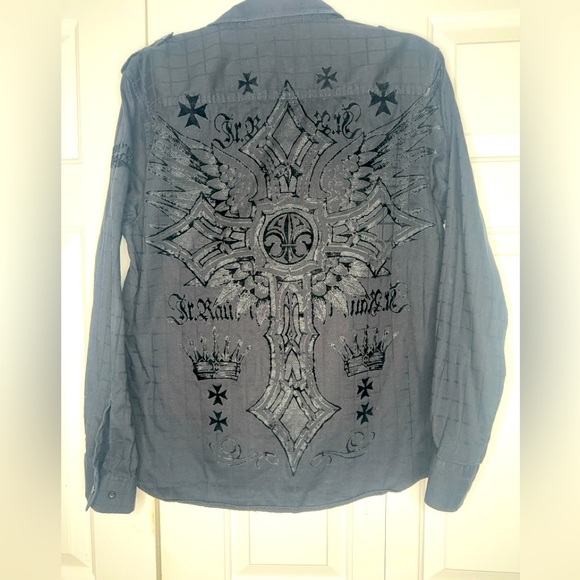 Raw State Redemption Y2K Black Button Up Flocked Velvet Angel Wings Cross Size L - Picture 1 of 13